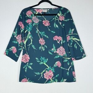 HD In Paris Women 10 Tunic Top Navy Floral Print 3/4 Sleeve Parisian Old Money